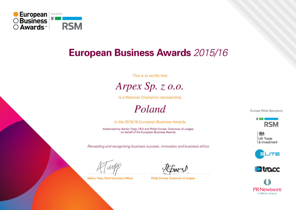certyfikat dla firmy Arpex - The European Business Awards